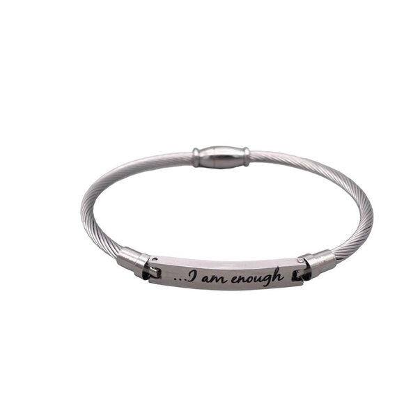 I Am Enough Twisted Wire Keychain Cable Bracelet Silver Tone - Picture 1 of 4